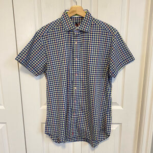 Robert Graham X Shirt Medium Blue Button Up Tailored Fit Flip Sleeve Checkered